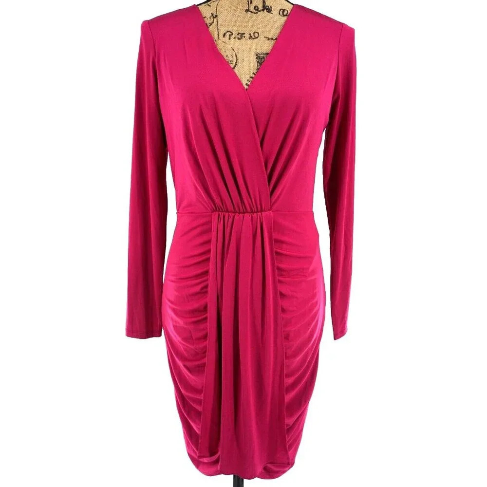Eliza J Dress Women 6 Pink Zipper Pleated V-neck Lined Long Sleeve Elegant
